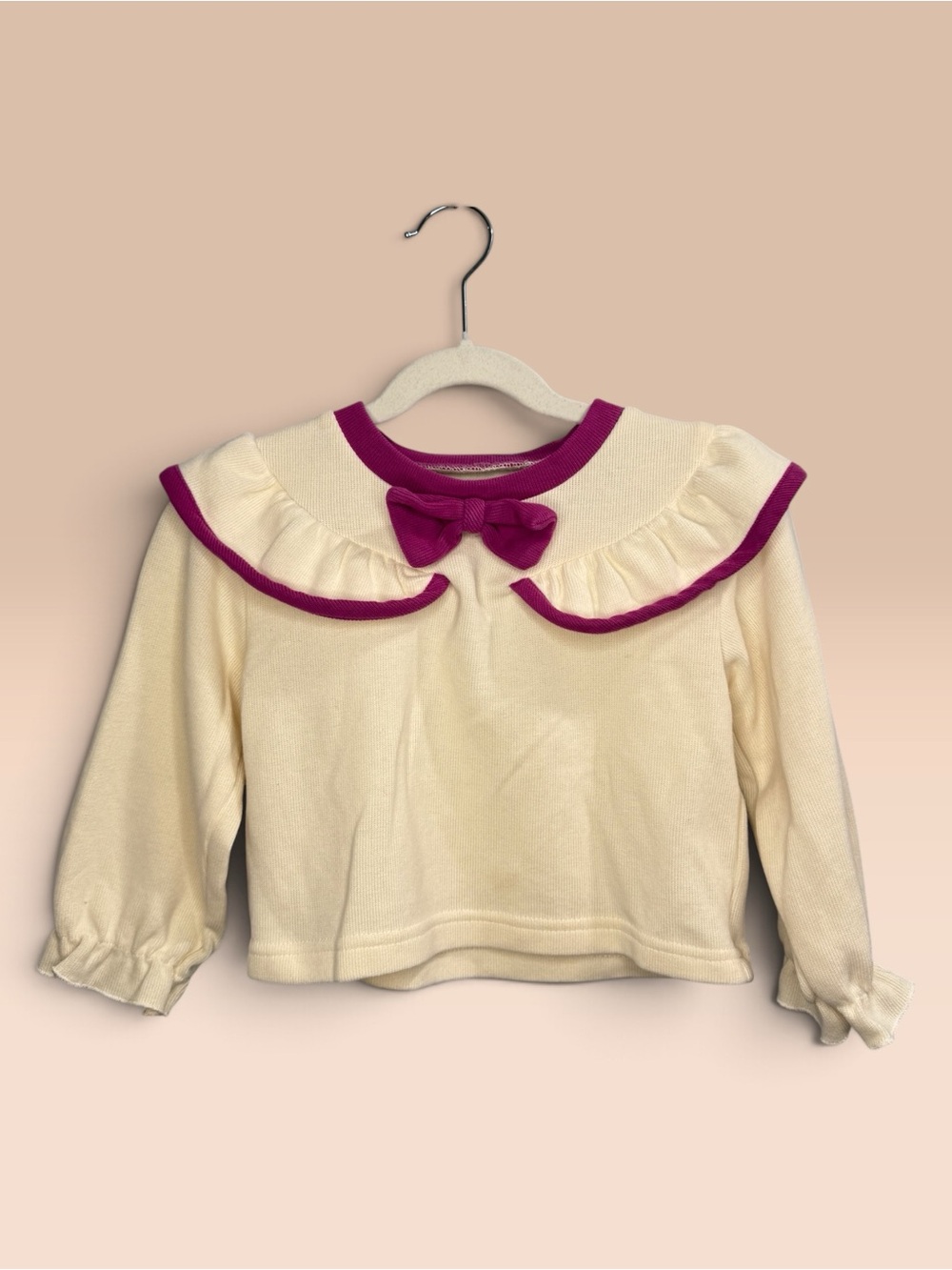 Cream Long-Sleeve Bow Collar Top with Magenta Trim for Kids